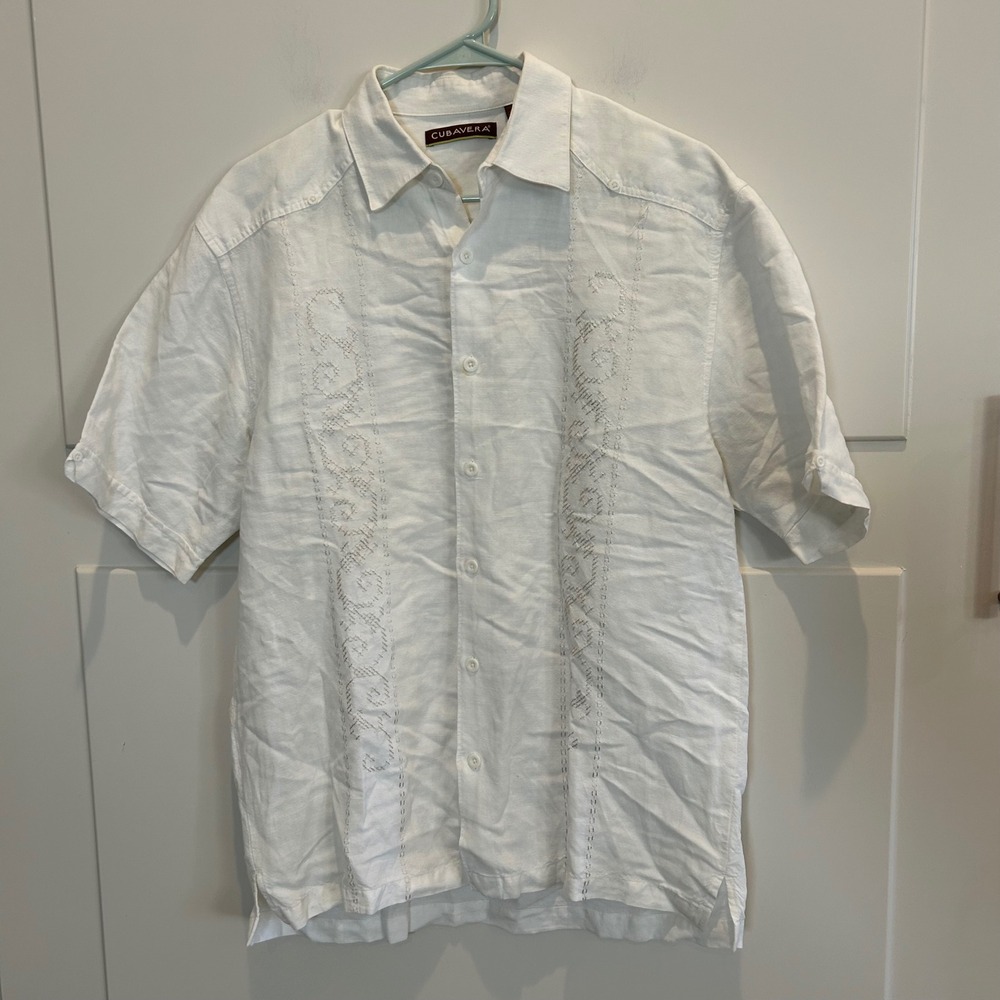 Cubavera White‎ Linen Blend Short Sleeve Embroidered Guayabera Men's Med Shirt
